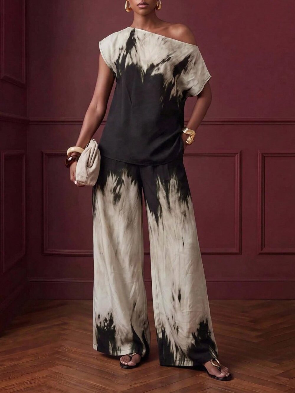Multicolor Casual Women's Asymmetric Plants Batwing Tee & Wide Leg Pants Set